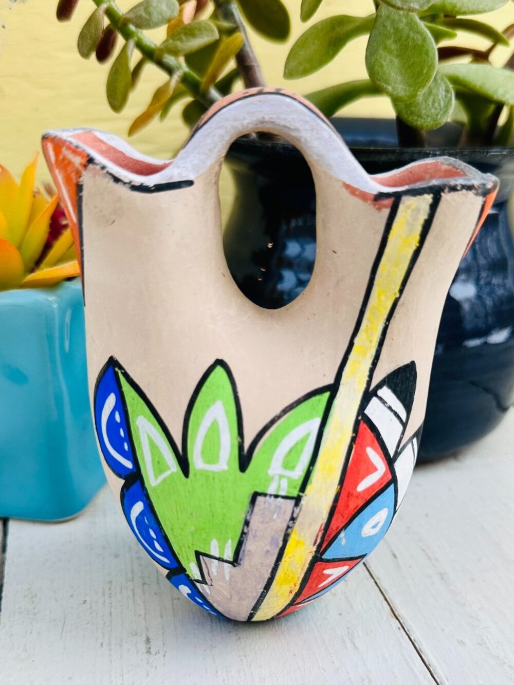 Vintage 60s Hand-Painted Jemez Pueblo pottery wedding vase, geometric designs